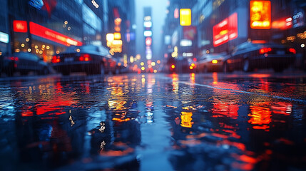 Obraz premium Rainy City Street at Dusk with Reflections and Glowing Lights