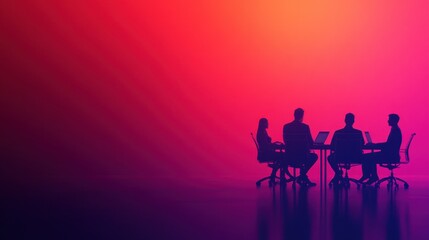 Fototapeta premium Silhouettes of Professionals Engaged in Collaboration Around Conference Table Under Vibrant Gradient Lighting in Modern Office Environment