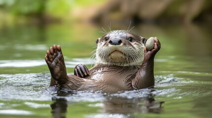 Playful otter floating on its back in a river generative ai