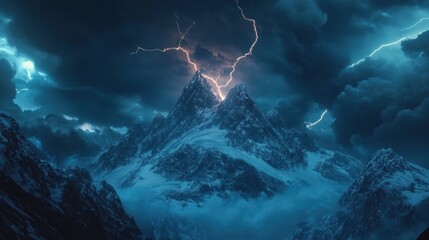Majestic mountain peak illuminated by dramatic lightning strikes during a stormy night