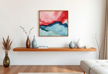 Sleek wood floating shelf with modern art & vases, minimalist living room, living space, decorating