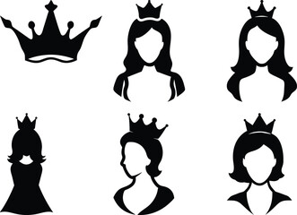 Fototapeta premium Princess Silhouette Vector Art: Crown Clipart, Queen Icon Set, Royalty Graphics, Black and White Design Elements for Crafts and Print