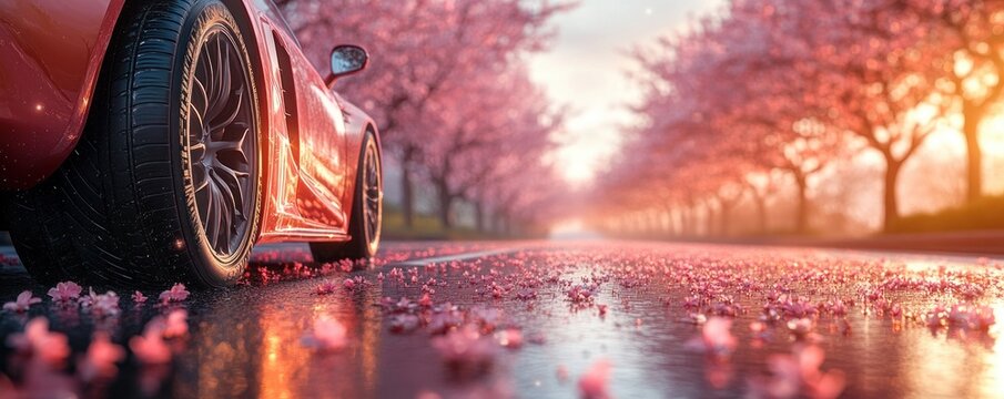 Car Tires Spring Road Landscape Cherry Blossoms Sunlight - Powered by Adobe