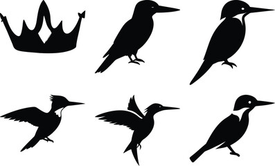 Obraz premium Black Silhouette Vector Art: Crown, Kingfisher Birds & Hummingbird Illustration for Graphic Design & Nature-Themed Projects