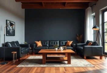 Spacious living room, dark leather sofa, wooden coffee table, industrial floor lamp,  photography,  dark