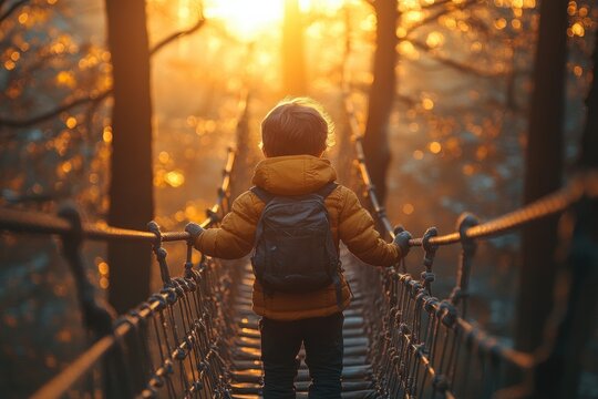 Boy Climbing in Rope Course Adventure Park in Forest at Golden Hour with Safety Equipment