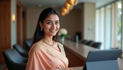 Indian Hotel Receptionist in Elegant Traditional Attire Greeting Guests with a Warm Smile at a Luxurious Front Desk