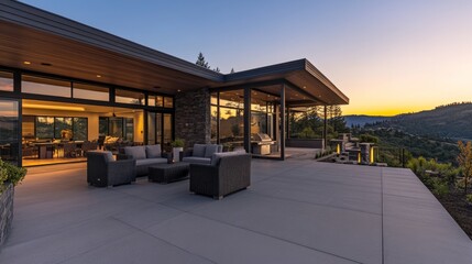 Modern Luxury Home with Spacious Patio at Sunset, Embracing Golden Hour Warmth and Elegance
