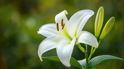 Beautiful White Lily Flower Blooming with Graceful Petals and Fresh Green Buds in a Serene Natural Background for Tranquil Moments