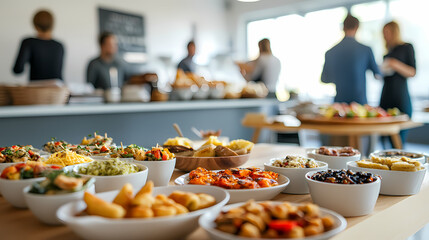 Delectable Delights: A tempting array of appetizers,  ranging from fresh salads to savory finger foods, are displayed at a modern cafe counter,  with a blur of people enjoying their meal.  