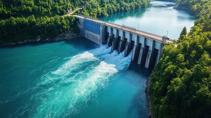 Scenic hydroelectric dam releasing water into a turquoise river