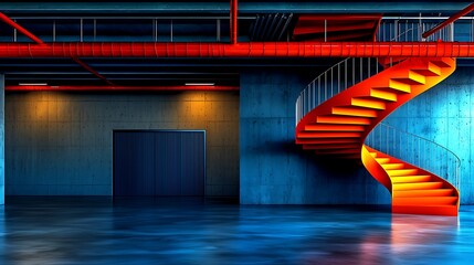 Vibrant spiral staircase in an industrial setting with reflective flooring and modern lighting