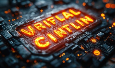 Futuristic Typography of Virtual Currency with Neon Effect and Metallic Texture on Dark Background