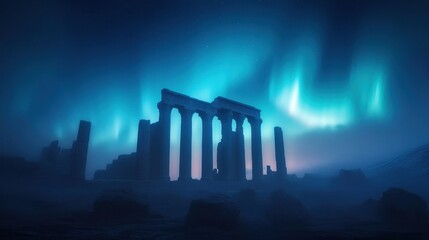 Ethereal Nightscape Featuring Ancient Ruins Illuminated by Northern Lights in a Mysterious Dreamlike Atmosphere with Fog and Shadows