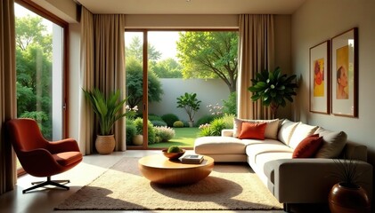 Fototapeta premium Sun-drenched living area, velvet seating, verdant garden, prestige, grand, comfort