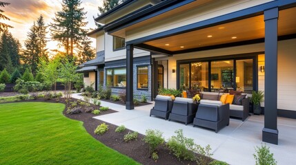 Modern Luxury Home with Spacious Patio at Sunset, Embracing Golden Hour Warmth and Elegance
