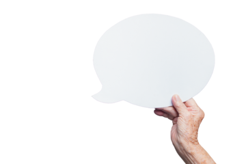 Elderly hand holding a blank speech bubble against a transparent background.