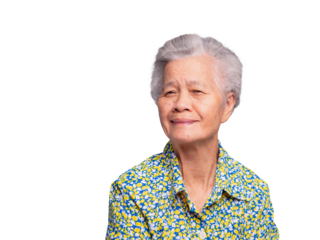 Portrait of a smiling elderly woman in a floral shirt on a transparent background.