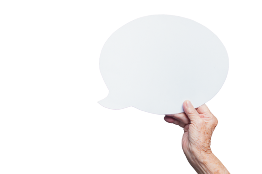 Elderly hand holding a blank speech bubble against a transparent background.