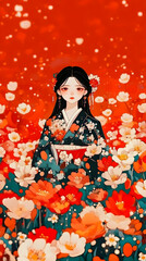 Digital Painting of a Woman in Kimono Amidst a Vibrant Red and White Flower Field