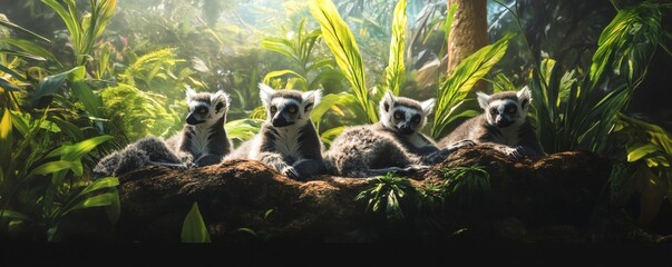 Four ring tailed lemurs relaxing in their lush tropical habitat