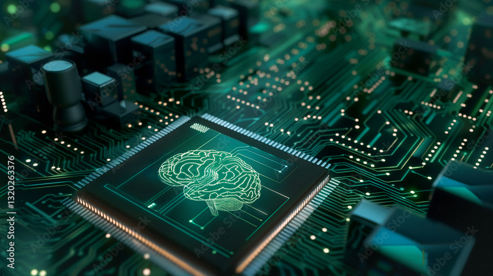 Poster digital brain: a macro shot illuminates a circuit board, revealing an intricate network of microchip
