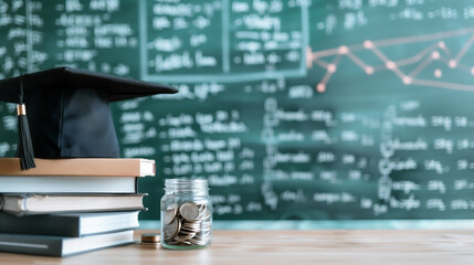 Financial Literacy: Academic accessories and a jar of coins stand before a blackboard covered in mathematical equations. It is the symbolic representation of academic and financial education.