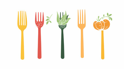 Forkful of Nature: A playful composition of colorful forks each holding a different natural element: a sprig of leaves, or a whole pumpkin.