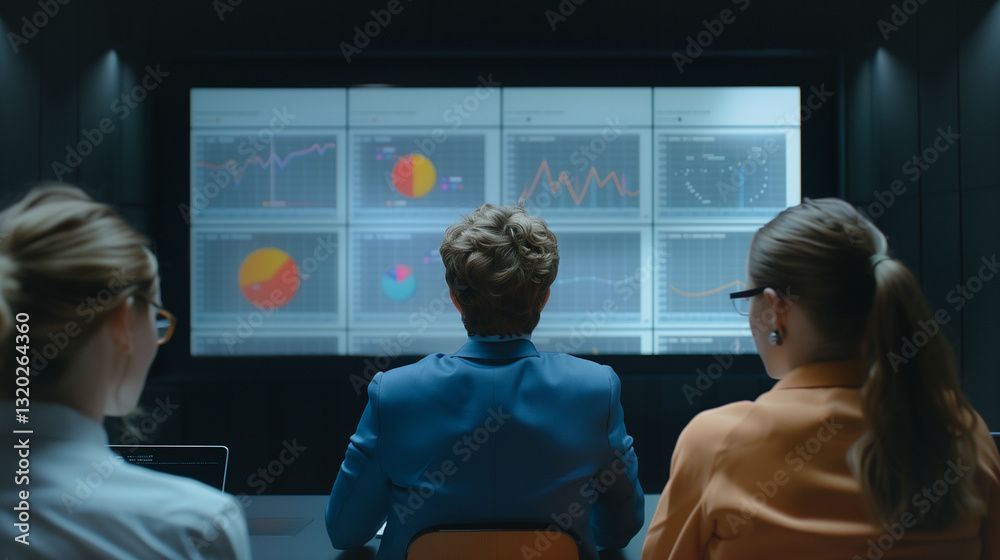 Poster data analysis: a team of professionals intently examines a large display screen filled with dynamic 