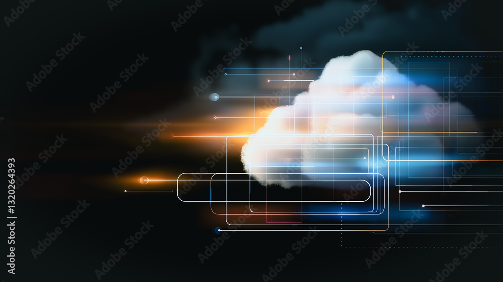 Poster cloud computing visualization: a conceptual representation of cloud computing featuring a glowing, e