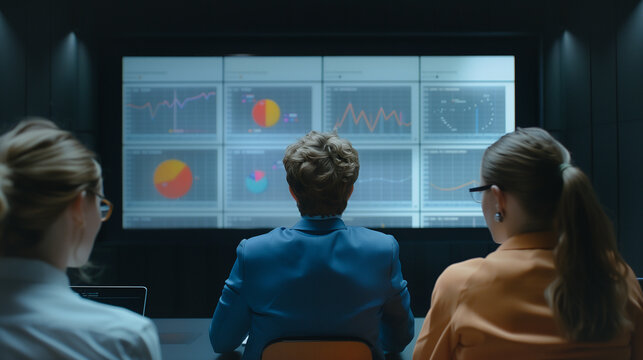 Data Analysis: A team of professionals intently examines a large display screen filled with dynamic charts, graphs, and statistical data. This represents the analytical process of modern business.