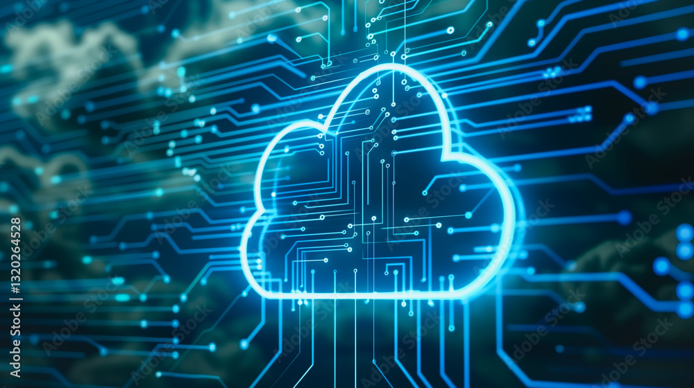 Poster cloud computing: abstract cloud computing concept represented through a luminous cloud symbol, inter