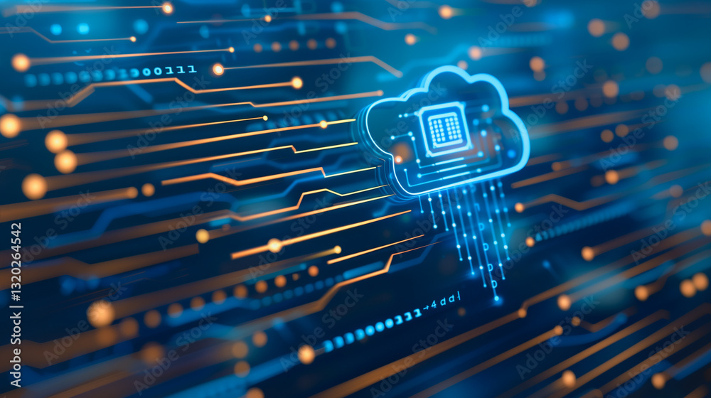 Poster cloud computing: a vibrant, technological display showcasing the future of cloud computing with a br