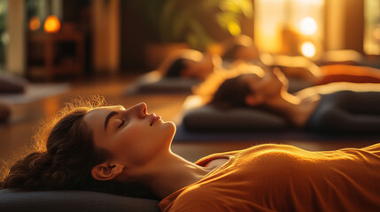 Fototapeta premium Women lying on yoga mats in a meditation session, practicing Shavasana relaxation pose in a warm, softly lit studio with a peaceful atmosphere.