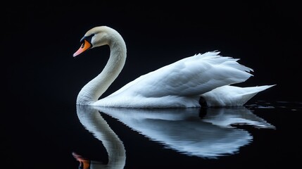 Fototapeta premium A solitary white swan floats gracefully on still dark waters