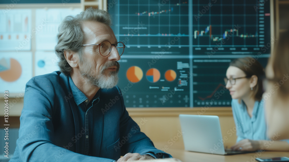Poster focused analytics: a close-up of a seasoned business person in a discussion, set against a backdrop 
