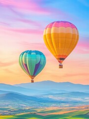 Fototapeta premium Two colorful hot air balloons soaring over scenic hills at sunset.
