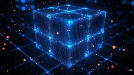 Futuristic Digital Blockchain Concept with Data Transfer and Abstract Wireframe Background in Space Environment