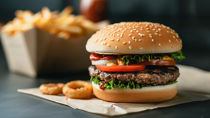 A Delectable Feast: A mouthwatering burger, complete with juicy patty, fresh vegetables and onion rings, sits beside a portion of crispy fries. Perfect for food lovers.