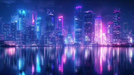 Fototapeta premium Vibrant neon cityscape reflected in a tranquil waterway. Modern architecture bathed in vibrant hues
