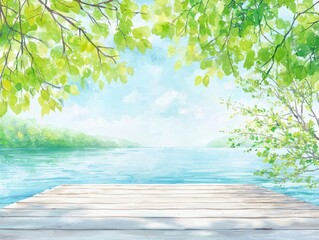 Serene lake view with a wooden dock surrounded by lush greenery and soft clouds.