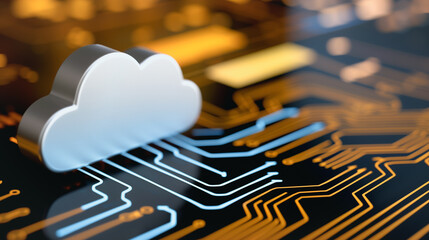 Cloud Computing: A sleek, stylized cloud symbol hovers over a vibrant circuit board, its presence evoking the digital realm of information storage, network access, and technological innovation.