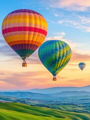 Fototapeta premium Colorful hot air balloons soaring over lush green hills during a vibrant sunset.