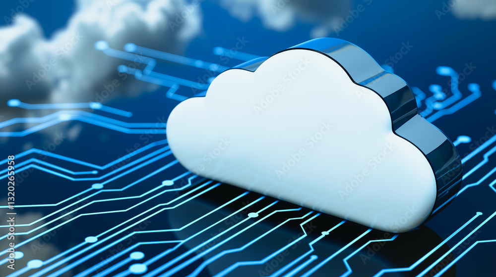 Poster cloud computing: symbol of cloud computing sits atop a circuit board, with soft clouds in the backgr