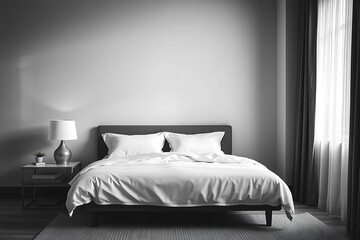 Monochromatic Bedroom With A Dark Bedside Table And Window Set, With White Sheets View