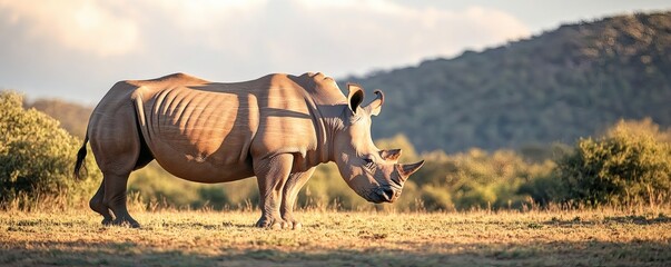 A large rhinoceros stands alone peacefully in a grassy landscape