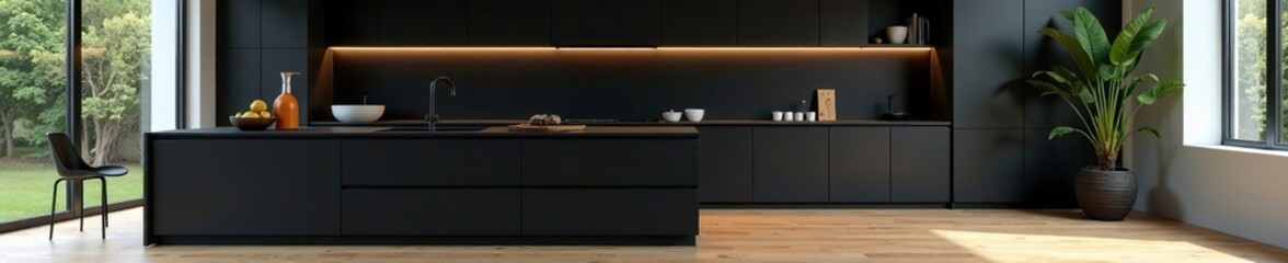 Black kitchen, wooden flooring, minimalist aesthetic, workspace, design, luxury