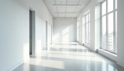 Fototapeta premium Spacious white office corridor, subtle shadows, contemporary feel, stark, shadow play