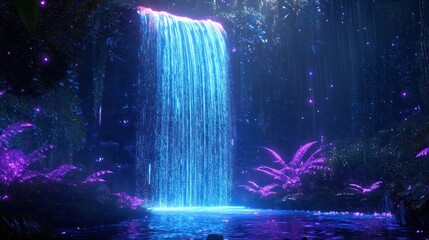 Enchanted waterfall cascading through a vibrant, mystical forest