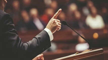 Person in a Dark Suit Gesturing During a Speech at Podium